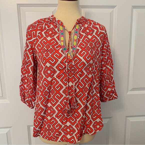 crown & ivy Tops - Crown & Ivy Coral Print Embroidered Detail Top w/ Tie